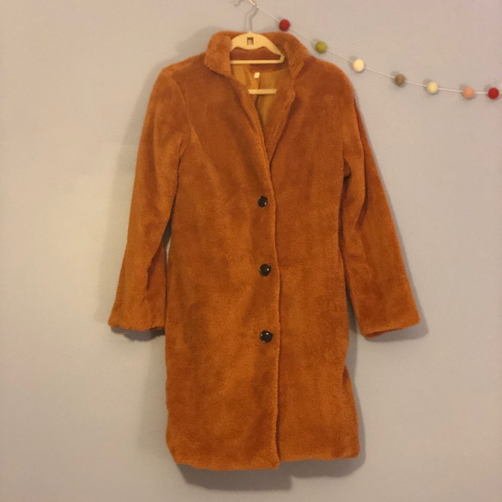 Brown/tan faux fur long jacket